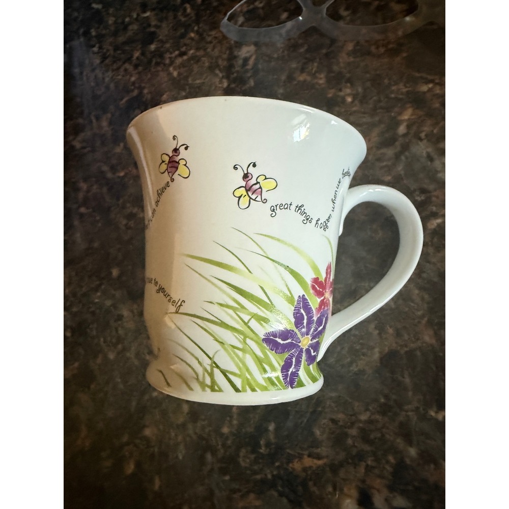 Inspirational Bumblebee and Floral Ceramic Coffee Mug Great‎ Things Happen White